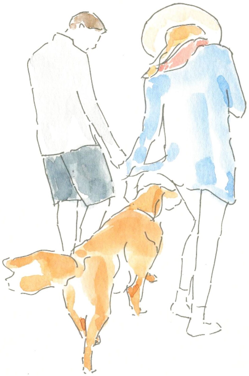water color drawing of couple and their dog