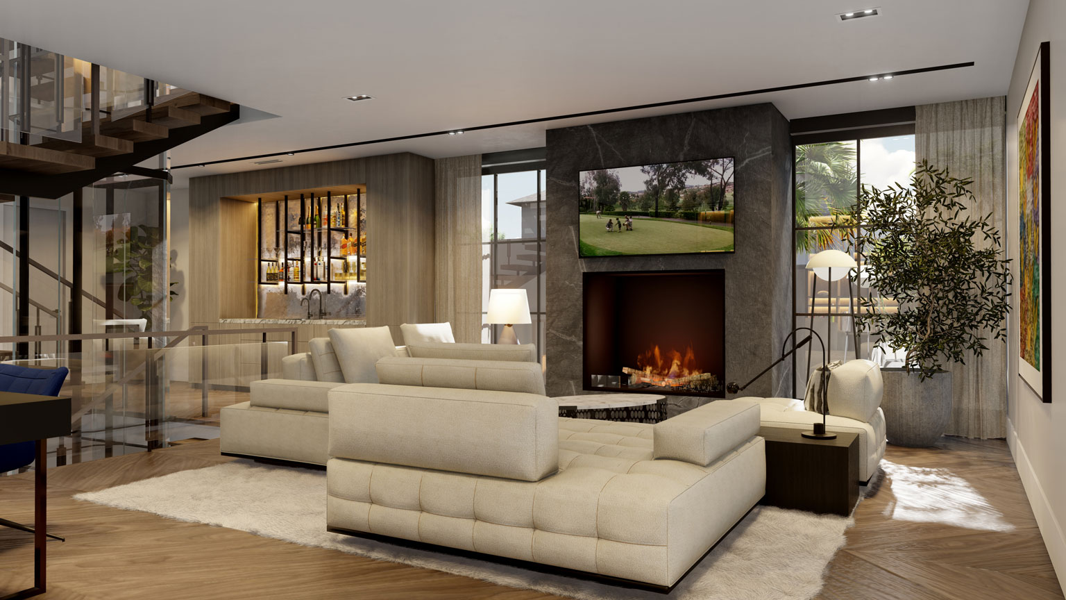 media lounge fireplace