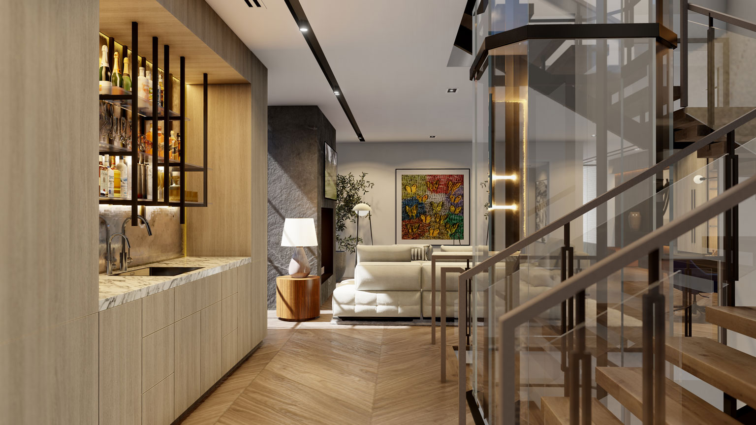 bar and stairs with elevator on right
