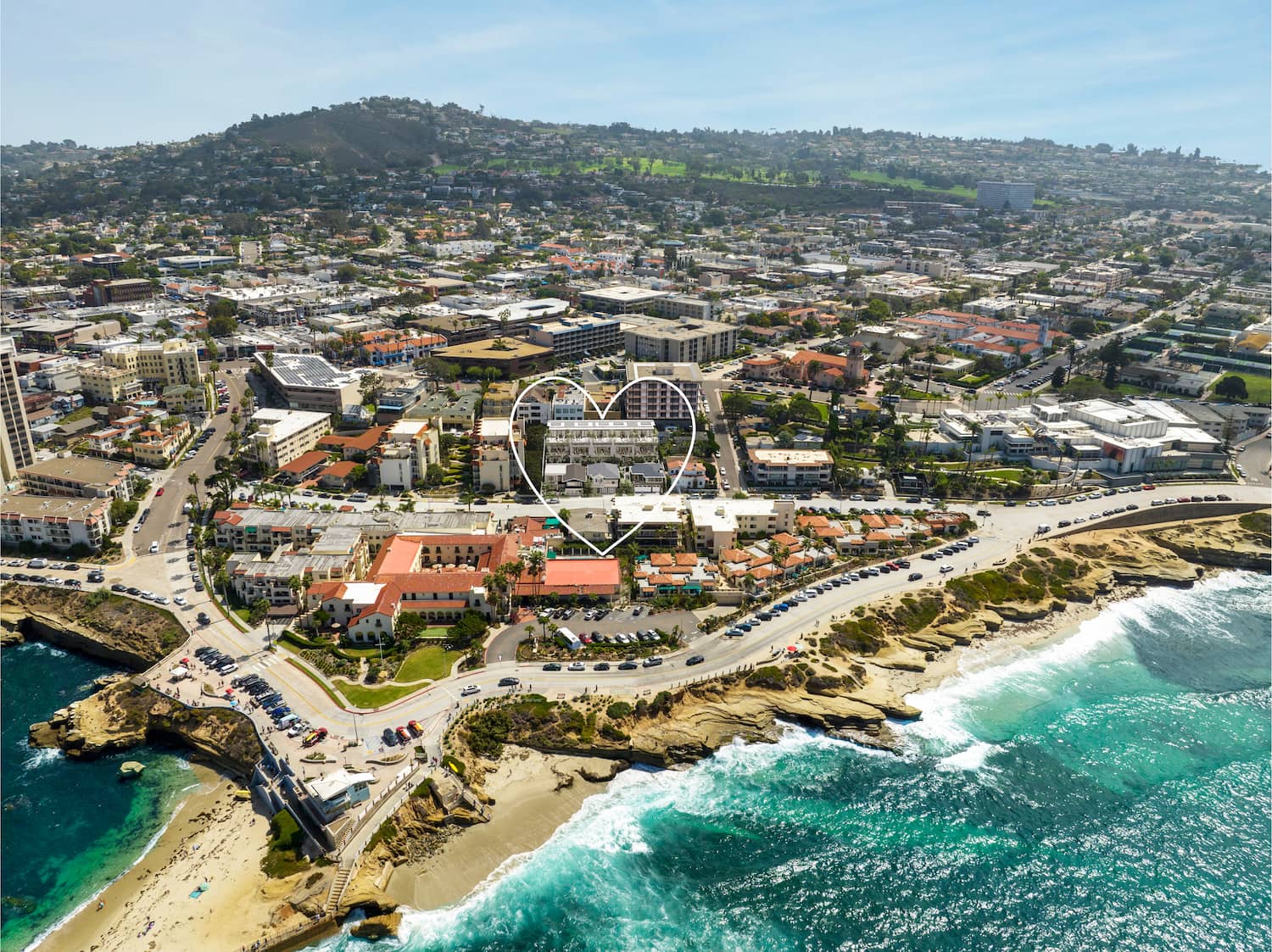 drone view with rendering of 800 Coast La Jolla